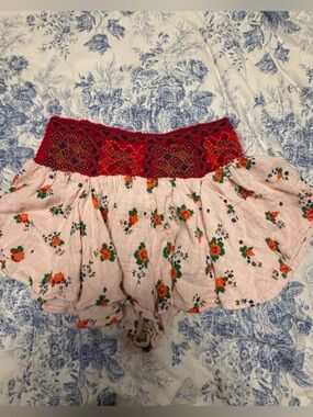 Free People Pink Floral Ruffle Shorts with Red Embroidered Waistband